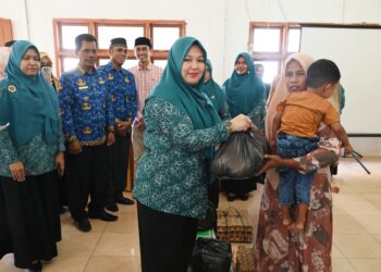 Ketua TP-PKK Kabupaten Aceh Besar Rita Mayasari menyerahkan bantuan untuk anak asuh stunting (BAAS) kepada salah satu penerima manfaat, di Aula UDKP Kantor Camat Kuta Cot Glie, Aceh Besar, Kamis (17/04/2025). FOTO/MC ACEH BESAR