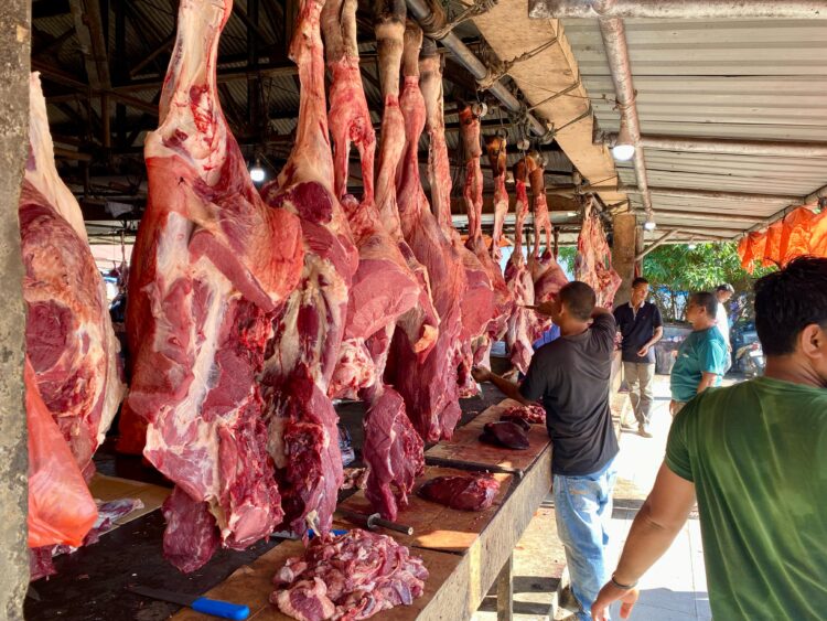 Pedagang daging di Pasar Induk Lambaro Kecamatan Ingin Jaya Kabupaten Aceh Besar Jumat 30052025 FOTO MC ACEH BESAR