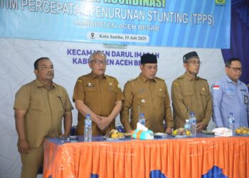 Bupati Aceh Besar, H. Muharram Idris membuka Rakor TPPS Kabupaten Aceh Besar Tahun 2025 di Aula UDKP Kantor Camat Darul Imarah, Aceh Besar, pada Selasa, (15/7/2025). FOTO/MC ACEH BESAR