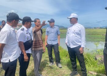 Bupati Aceh Besar H Muharram Idris (Syech Muharram), berdialog dengan para petani saat peninjauan kondisi area pertanian Blang Tamak, Tungkop, Darussalam, Aceh Besar, Rabu (23/7/2025). FOTO/ MC ACEH BESAR