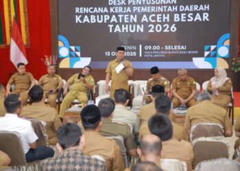 Bupati Aceh Besar H. Muharram Idris memberi arahan saat Presentasi Renja OPD tahun 2026 di Meuligo Bupati Aceh Besar, Kota Jantho, Senin (13/10/2025). FOTO/MC PROKOPIM ACEH BESAR