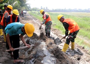 TNI Angkatan Darat (TNI AD) dan masyarakat, gotong royong membangun jaringan irigasi tersier di Kecamatan Pante Bidari dan Simpang Ulim, Kabupaten Aceh Timur. 30 Oktober 2025