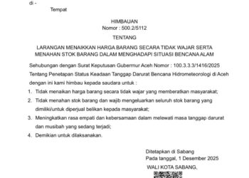 Surat Wali Kota Sabang Nomor 500.2/5112 yang ditetapkan pada 1 Desember 2025