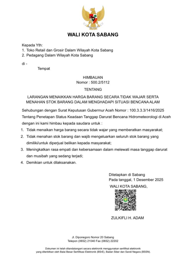 Surat Wali Kota Sabang Nomor 50025112 yang ditetapkan pada 1 Desember 2025 KETIKKABARcom Surat Wali Kota Sabang Nomor 50025112 yang ditetapkan pada 1 Desember 2025