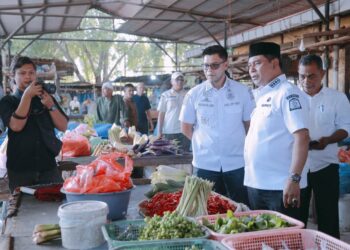 Bupati Aceh Besar H. Muharram Idris (Syech Muharram) meninjau langsung kondisi harga kebutuhan pokok di Pasar Induk Lambaro, Kecamatan Ingin Jaya, Rabu (3/12/2025). FOTO/PROKOPIM ACEH BESAR