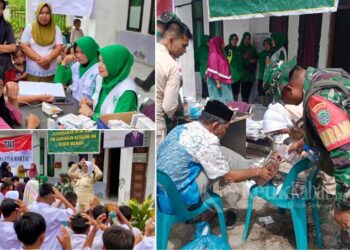 Koramil 01/Bandar Kodim 0119/Bener Meriah bersama Persit Kartika Chandra Kirana (KCK) Ranting 2 dan Tim Kesehatan TNI menyalurkan bantuan kemanusiaan bagi masyarakat terdampak banjir bandang dan tanah longsor di Desa Rusip, Kecamatan Syah Utama, Kabupaten Bener Meriah/(FOTO: Kolase KETIKKABAR.com/Humas Kodam IM)