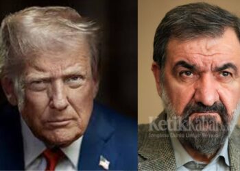 Presiden Amerika Serikat (AS) Donald Trump (kiri) Jenderal senior Korps Garda Revolusi Islam (IRGC), Mohsen Rezaee (kanan)/(FOTO: Kolase KETIKKABAR.com/Wikipedia)