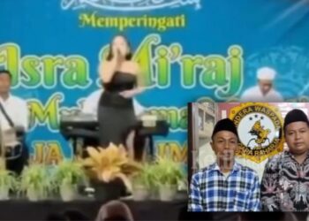 Seorang biduan berpakaian minim yang berjoget erotis dalam acara peringatan Isra Miraj di Banyuwangi Jawa TimurFOTO Kolase KETIKKABARcomTangkap Layar Youtube