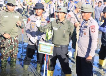 Polda Aceh menanam 10.000 bibit mangrove di Desa Alue Naga, Kecamatan Syiah Kuala, Kota Banda Aceh, Jumat (30/1/2026).