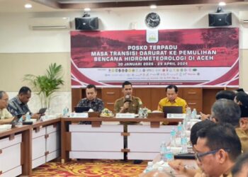 Sekda Aceh Muhammad Nasir bersama tim Itjen Kemendagri menggelar rapat monitoring dan evaluasi penggunaan tambahan anggaran Transfer ke Daerah (TKD) 2026 bersama beberpa Kepala SKPA di Kantor Gubernur Aceh, Senin (30/1/2026).