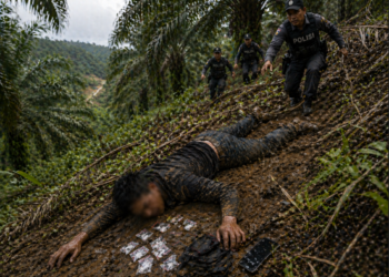 Ilustrasi: Pelaku Pengedar Narkoba melarikan diri saat pengejaran oleh polisi dan terjatuh ke lereng kebun sawit di Aceh Timur, pada Kamis, 23 April 2026. [FOTO: AI]