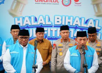 Kapolri saat menghadiri acara Halalbihalal Idul Fitri 1447 H bersama keluarga besar KSPSI AGN di PT KMK Global Sports, Tangerang, Selasa, 14 April 2026. FOTO/Ist