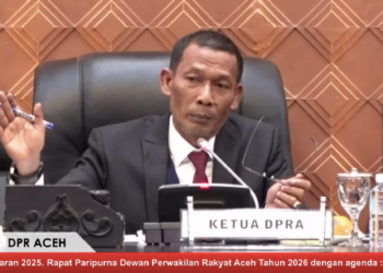 DPRA menggelar Rapat Paripurna dengan agenda penyampaian Laporan Keterangan Pertanggungjawaban (LKPJ) Gubernur Aceh Tahun Anggaran 2025 di Gedung Utama DPRA, Senin, 6 April 2026.