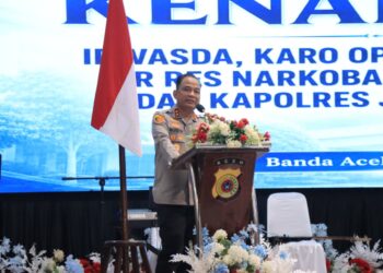 Kapolda Aceh Irjen Pol. Ruddi Setiawan, S.I.K., S.H., M.H., pada acara ramah tamah usai pelaksanaan sertijab Pejabat Utama dan Kapolres jajaran di Gedung Presisi Polda Aceh, Rabu (15/7/2026).