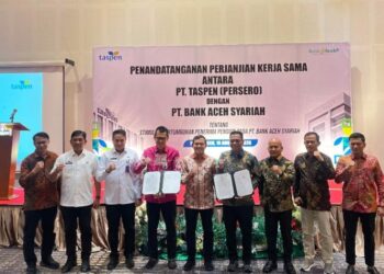 PT Bank Aceh Syariah bersama PT TASPEN (Persero) resmi penandatanganan Perjanjian Kerja Sama (PKS) tentang Stimulasi Pertumbuhan Dana Pensiun di Ballroom Hotel The Pade, Aceh Besar, Rabu (19/8/2026).