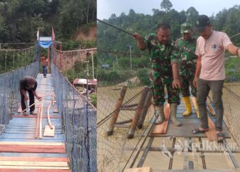Babinsa Koramil 02/Karang Baru, Serka Rusli, melihat langsung proses perbaikan Jembatan Gantung Perintis Garuda di Desa Lubuk Sidup, Kecamatan Sekerak, Kabupaten Aceh Tamiang, pada Kamis (17/9/2026). Foto: Kolase KETIKKABAR.com/Humas Kodam IM.
