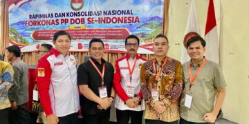 Bupati Aceh Besar H Muharram Idris dan Ketua DPRK Abdul Muchti SIKom foto bersama Panitia Persiapan Calon Daerah Otonomi Baru CDOB Aceh Raya mengikuti Rapimnas FORKONAS PP DOB se Indonesia di Jakarta Selasa 2992026 FOTODOK PEMKAB ACEH BESAR