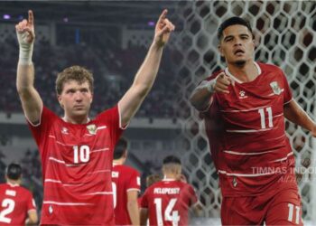 Pemain Timnas Indonesia Ragnar Oratmangoen Kanan dan Ole Romeny Kiri merayakan gol dalam laga kontra Singapura pada FIFA ASEAN Cup 2026 di Stadion Utama Gelora Bung Karno SUGBK Jakarta Jumat 2592026 FOTO Timnas Indonesia