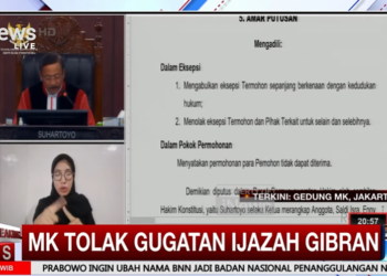 Mahkamah Konstitusi (MK) menyatakan permohonan gugatan yang mempersoalkan syarat pendidikan Gibran Rakabuming Raka sebagai calon wakil presiden pada Pemilu 2024 tidak dapat diterima, Selasa, 6 Oktober 2026. FOTO: Tangkap Layar Youtube/INews.