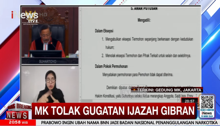 Mahkamah Konstitusi MK menyatakan permohonan gugatan yang mempersoalkan syarat pendidikan Gibran Rakabuming Raka sebagai calon wakil presiden pada Pemilu 2024 tidak dapat diterima Selasa 6 Oktober 2026 FOTO Tangkap Layar YoutubeINews KETIKKABARcom Mahkamah Konstitusi MK menyatakan permohonan gugatan yang mempersoalkan syarat pendidikan Gibran Rakabuming Raka sebagai calon wakil presiden pada Pemilu 2024 tidak dapat diterima Selasa 6 Oktober 2026 FOTO Tangkap Layar YoutubeINews