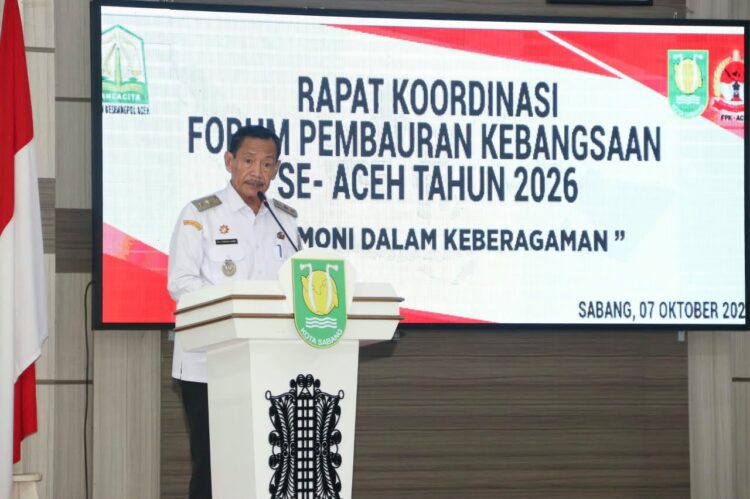 Wakil Wali Kota Sabang Suradji Junus menyampaikan sambutan dalam Rapat Koordinasi FPK Se Aceh 2026 di Aula Pulau Weh Kantor Wali Kota Sabang Rabu 7 Oktober 2026FOTO Humas Pemko Sabang