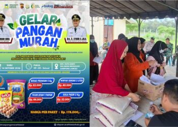 Masyarakat Lamceu antre membeli sembako pada Gerakan Pangan Murah kepada masyarakat secara simbolis di halaman Meunasah Gampong Lamceu Kecamatan Kuta Baro Rabu 14102026 FOTO MC ACEH BESAR